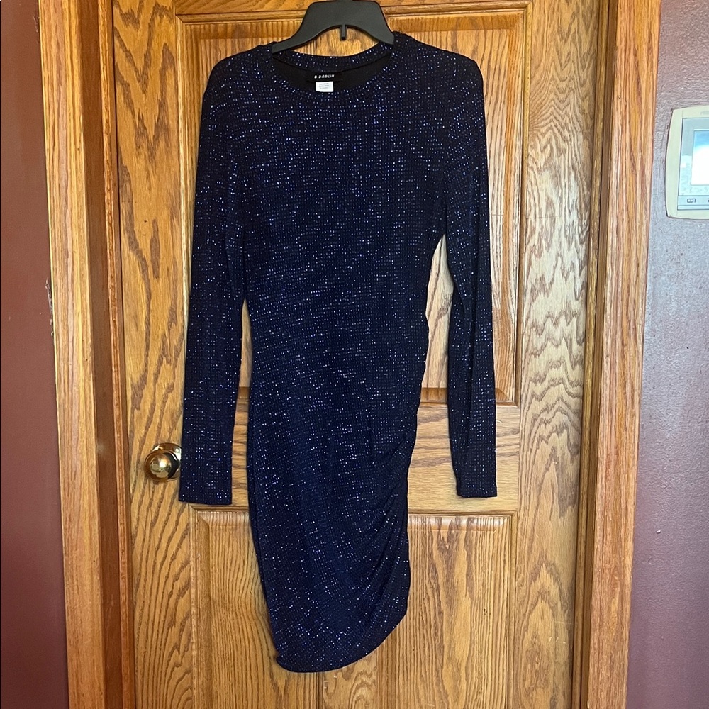 B Darlin Sparkling Midnight Blue Long Sleeve Dress